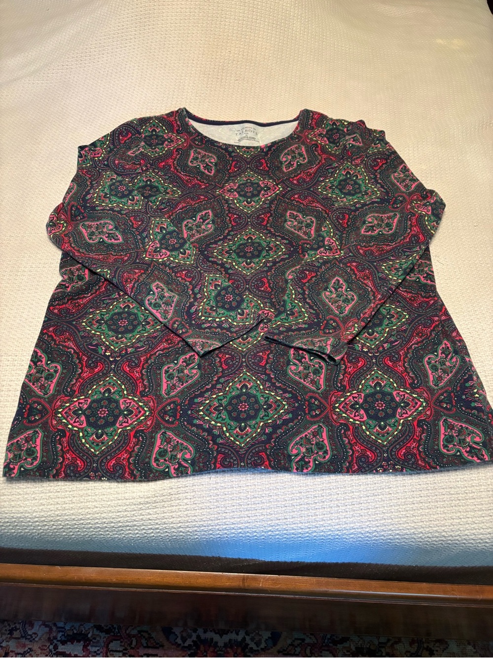 Talbots Navy Paisley-Print Long Sleeve Knit Top with Pink & Green Accents